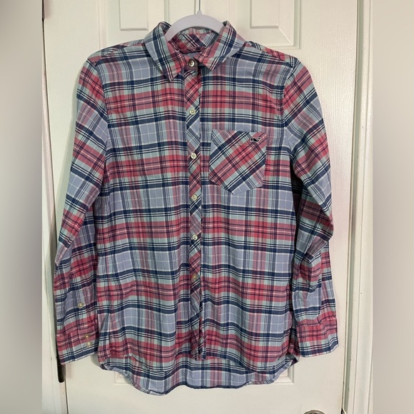 Vineyard Vines Women's Pink and Blue Plaid Button Down Shirt size 2 - Picture 1 of 4
